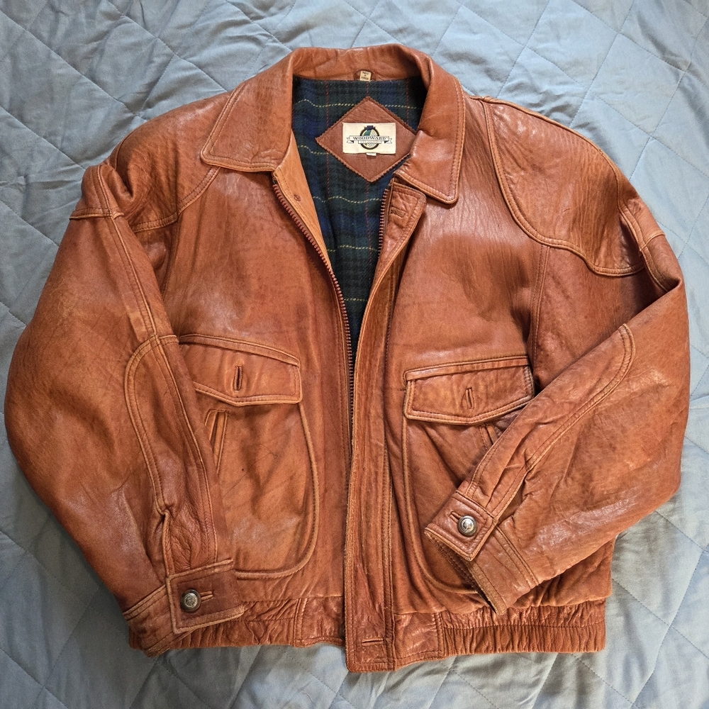 Vintage Brown Leather Bomber Jacket With Flannel Lining